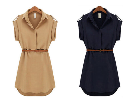 Women Ladies short Sleeve Chiffon Casual OL Belt Shirt One Piece Mini Dress S M L XL Plus Size free shipping 8463