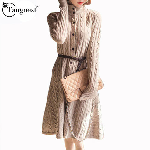 Long Sweater  Dress 2016 Fall Winter Fashion Plus Size Cable Vintage Single-breasted Knee-length Belt Knitted Maxi Dress WQL2828