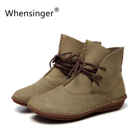 Whensinger - 2016 Women Shoes Spring Female Genuine Leather Boots Handmade Vintage Literary Style Ankle Lace-Up Fashion 506-L