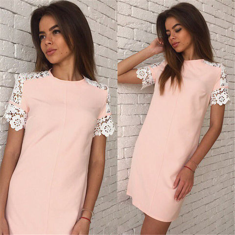 2016 Women Summer Fashion Lace sleeve Dresses O-Neck Casual Party Dress Plus Size White&Pink&Bule 3 Colour