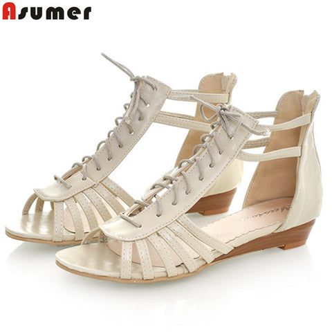 Plus size 34-43 gladiator women sandals wedges low heels casual summer shoes woman cut outs lace up beach shoes