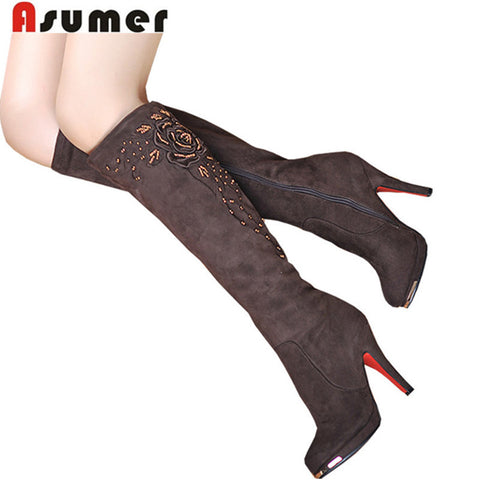 ASUMER 2016 new fashion boots sexy lady shoes high heels knee high boots flock beading women's snow winter long motorcycle boots