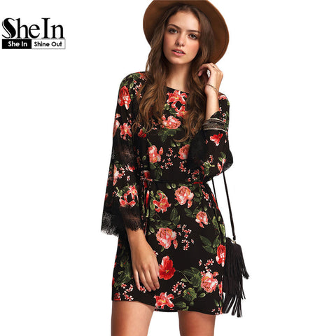 SheIn Women Black Tie-waist Lace Panel Sleeve Dresses Ladies Summer Round Neck Long Sleeve Floral Casual Shift Dress